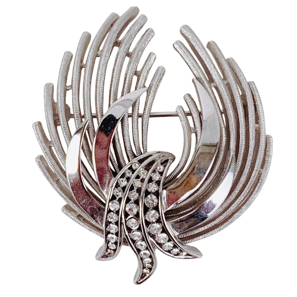 VTG Signed Crown Trifari Silvertone Rhinestone Brooch Mid Century Pin 50s - 60s